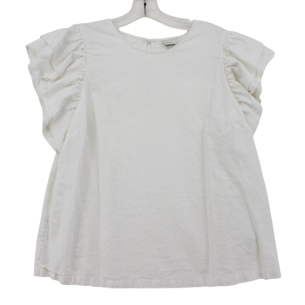 A New Day Top Blouse Women XL Linen White Ruffled Sleeves Casual Office